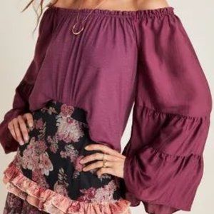 Anthropology Gloria Off-The-Shoulder Top Long Bell Sleeves Purple Size Medium M